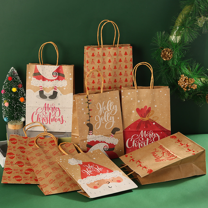 Christmas Kraft Paper Gift Bags With Handles Eco-Friendly Santa Claus Christmas Tree Reindeer Patterns For Holiday Party Favor Packaging Supplies