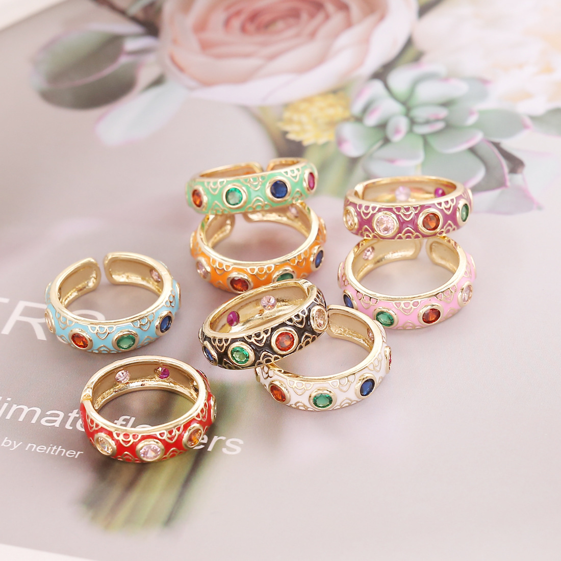8Pcs Vintage Colorful Enamel Ring Set Gold Plated Copper With Colorful Zirconia Inlaid Adjustable Open Finger Rings Bohemian Heart Design Jewelry For Women Girls