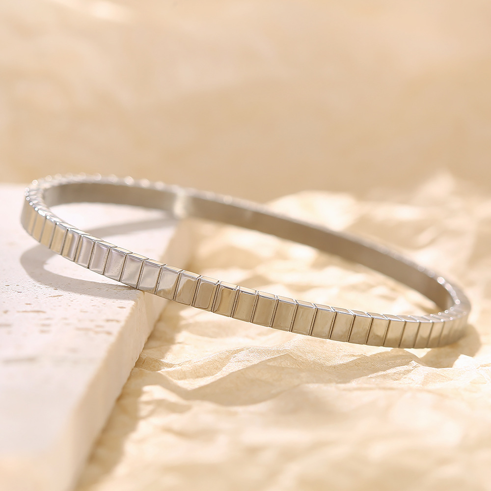 Geometric Checkered Bangle Stainless Steel Minimalist Square Texture Fashion Bracelet For Women And Couples