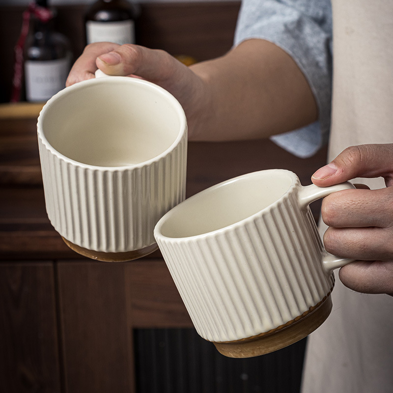 Ribbed Ceramic Coffee Mug Japanese Style Fluted Porcelain Tea Cup With Handle Retro Drinking Cup For Milk Water Home Office Gift 240ml 360ml