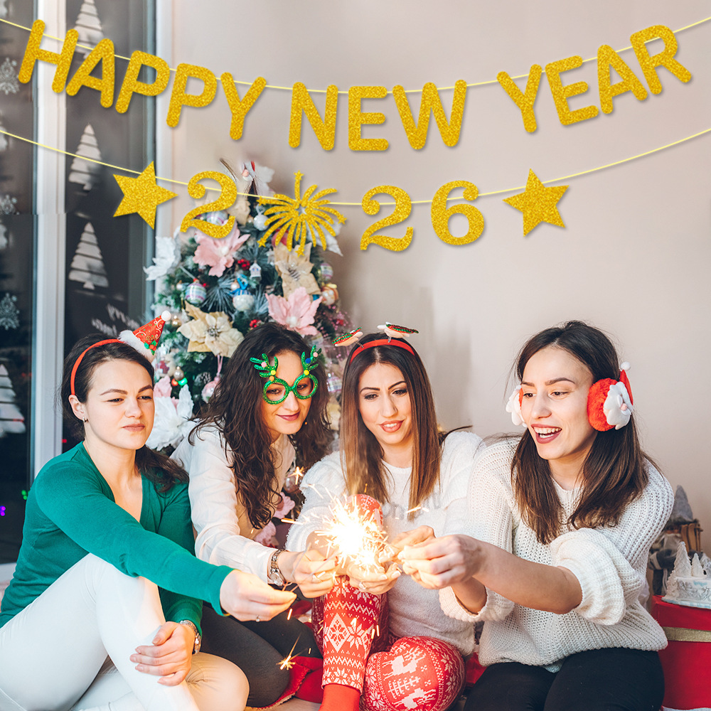 Happy New Year 2026 Banner Gold Glitter Paper Garland Cheers To 2026 Banner For New Year Eve Party Decorations Home Festive Ornament