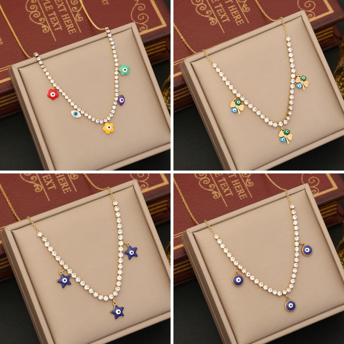 Evil Eye Tennis Necklace Stainless Steel Gold Plated Cubic Zirconia Enamel Clover Star Flower Pendant Necklaces Women