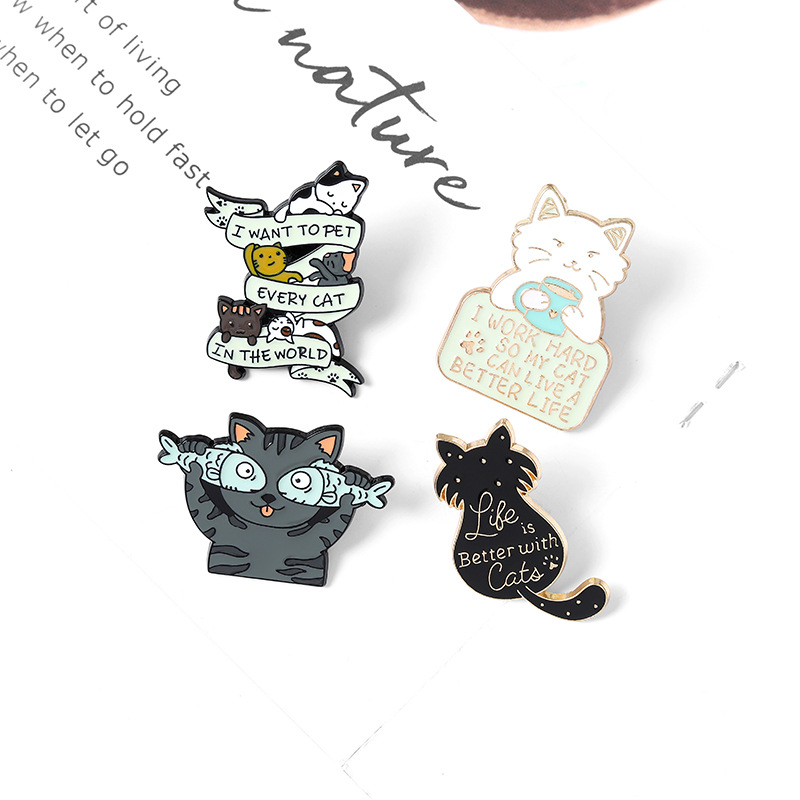 Cute Cat Enamel Pin Set Zinc Alloy Enamel Brooch Badge For Denim Jacket Backpack Decoration Life Is Better With Cats Slogan Jewelry Women Teens Gift