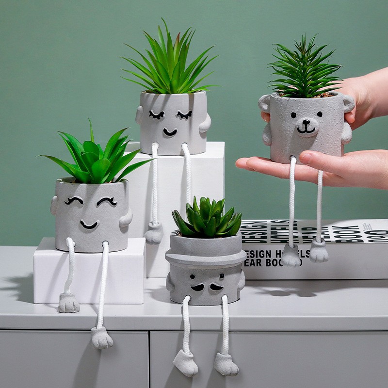 Artificial Succulent Potted Plants Creative Hanging Legs Cartoon Face Grey Cement Resin Fake Plants For Home Office Desk Living Room Decor Aesthetic Minimalist Ornaments