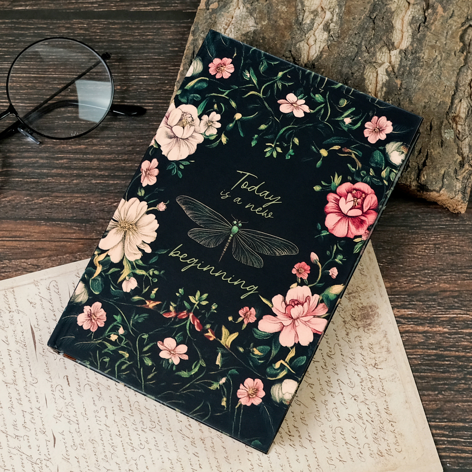 Retro Floral Dragonfly Hardcover Notebook Today Is a New Beginning A6 Creative Journal Personal Diary Daily Planner Stationery for Office School Students Gift