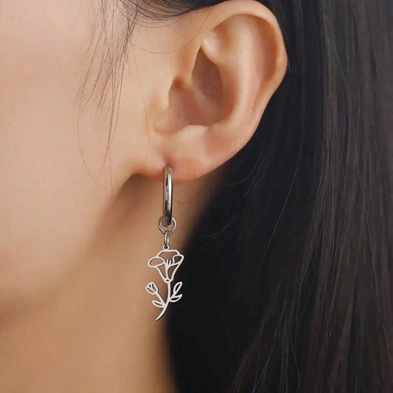 Stainless Steel Birth Month Flower Hoop Earrings For Women Girls Hollow Floral Pendant Dangle Earrings Pastoral Aesthetic Jewelry Gift For Every Month