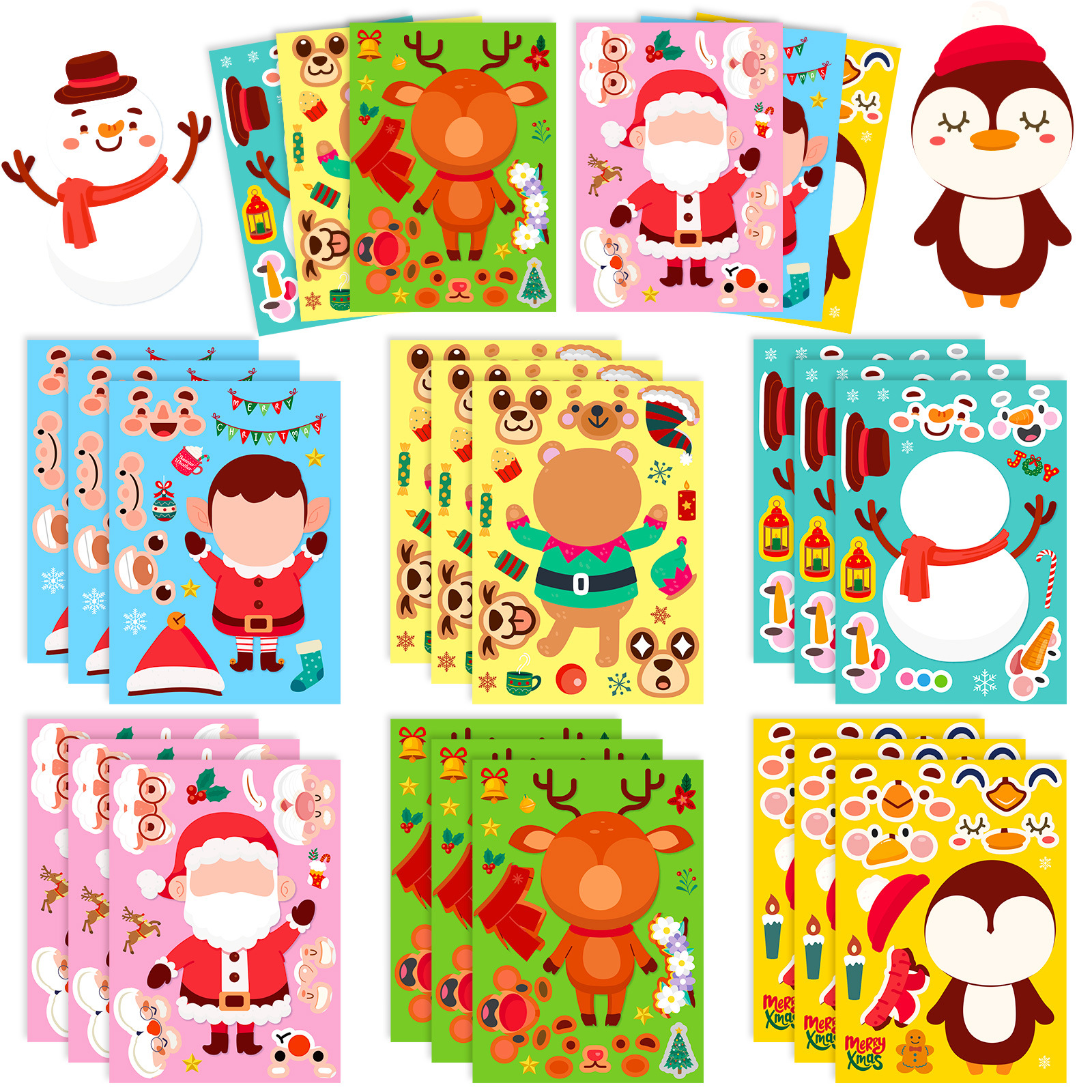6 Sheets Christmas DIY Make A Face Stickers Santa Claus Reindeer Snowman Puzzle For Kids Xmas Party Favors Cartoon Self Adhesive Stickers