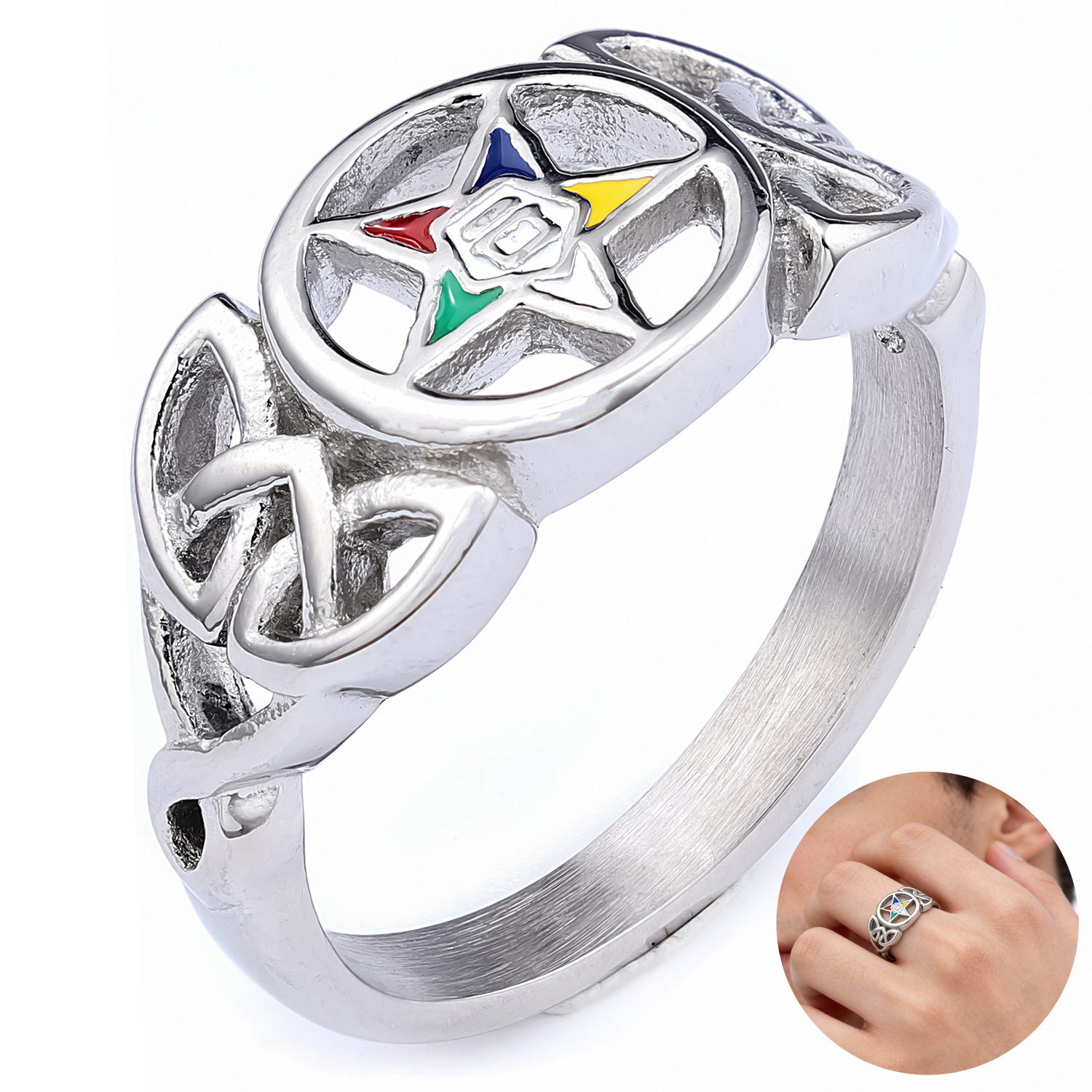 Stainless Steel OES Order of the Eastern Star Ring With Multi Color Enamel Five Pointed Star And Celtic Knot Openwork Band For Women Fraternal Jewelry