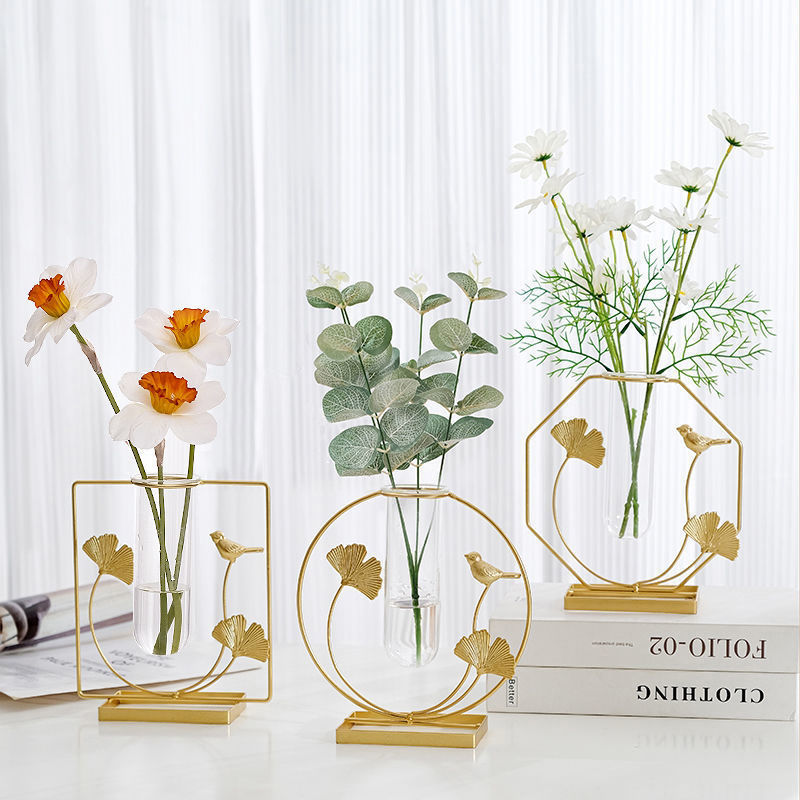 Nordic Creative Gold Iron Hydroponic Vase With Glass Test Tube Bird And Ginkgo Leaf Design Tabletop Flower Arrangement Ornament For Home Desktop Office Decor