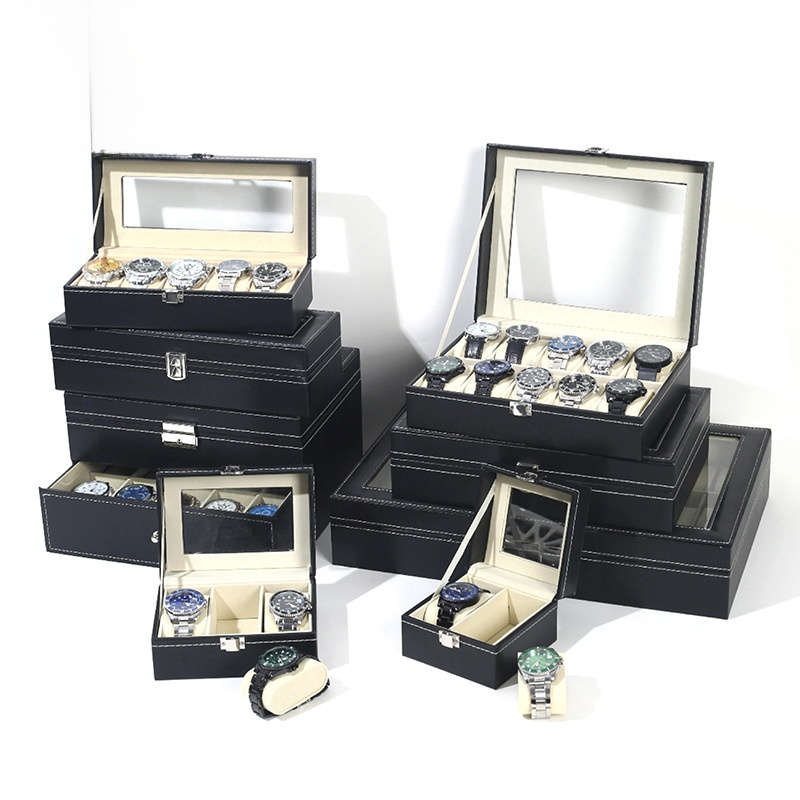 Luxury PU Leather Wood Watch Box Organizer Multi-grid Jewelry Display Storage Case with Glass Top Metal Lock for Watches Sunglasses Pens Rings Home Desktop Jewelry Collection Box