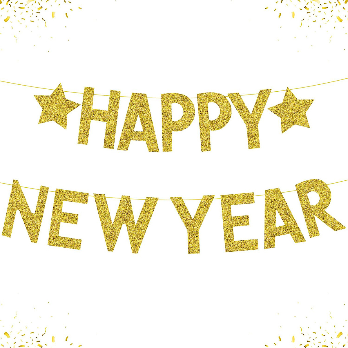 Happy New Year Banner Gold Glitter Paper Stars Letters Garland For Party Home Decor Celebration New Year Eve Supplies With 5m Rope