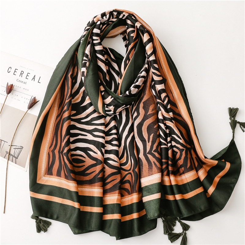 Women Zebra Print Shawl Scarf Polyester Twill Satin Long Sun Protection Beach Wrap With Tassels Retro Ethnic Accessories For Travel Summer