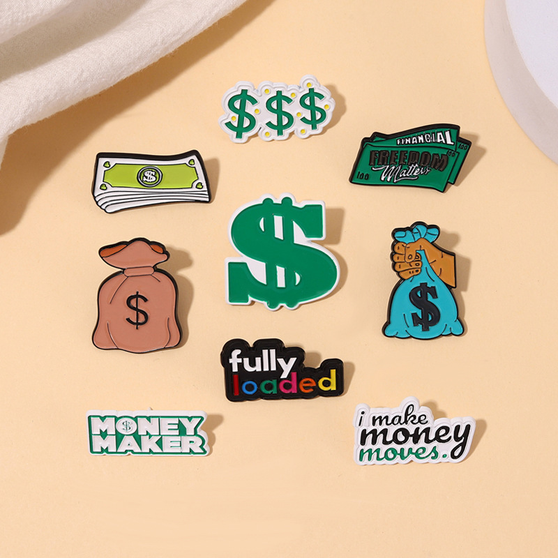 Trendy Money Theme Alloy Enamel Brooch Pin Set Dollar Sign Money Bag Banknote Slogan Badges For Clothes Bags Personalized Jewelry Gift For Men Women