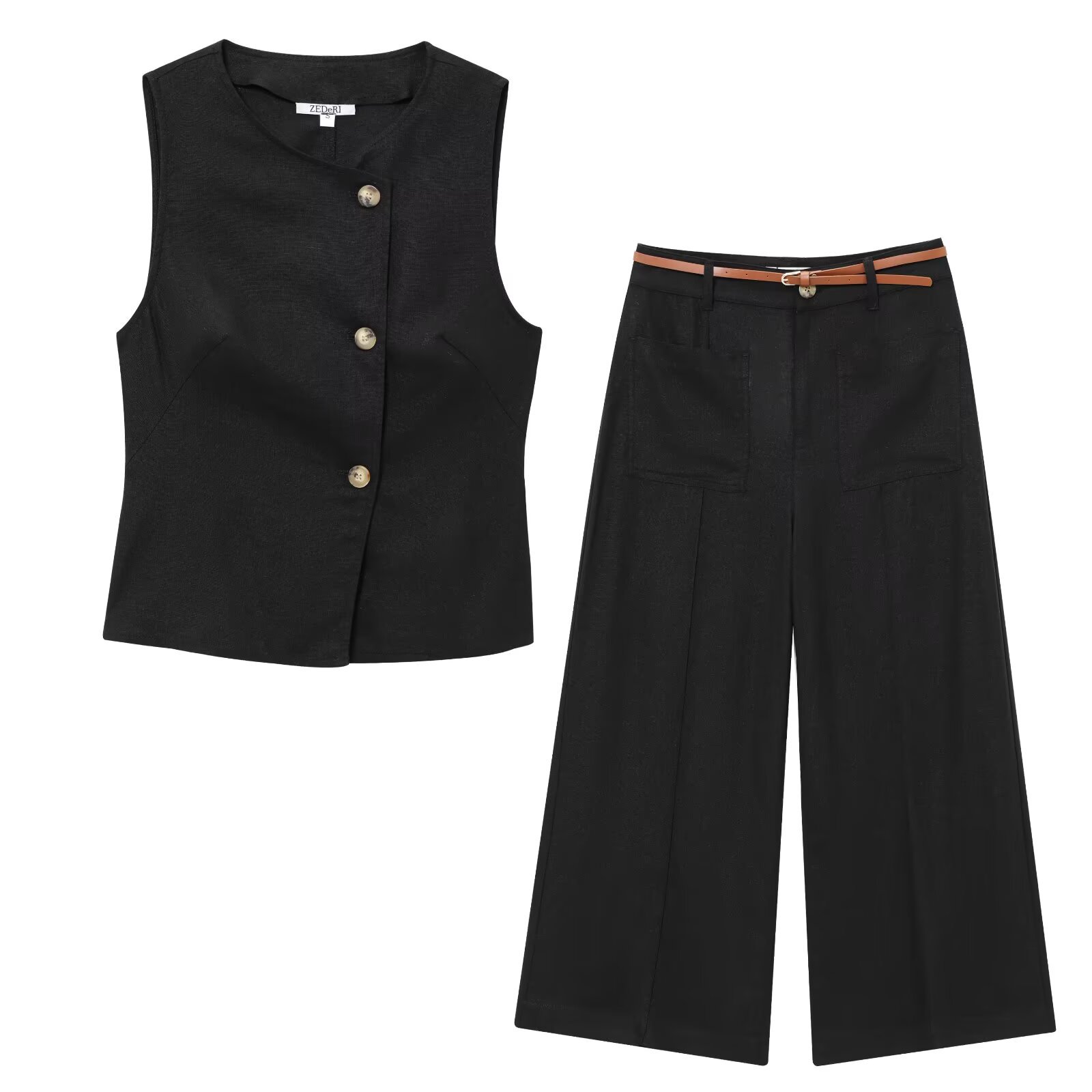 Women's 2-Piece Set Casual Cotton Linen Texture Sleeveless Vest Top And Wide Leg Pants With Belt Summer European Style Streetwear Outfit
