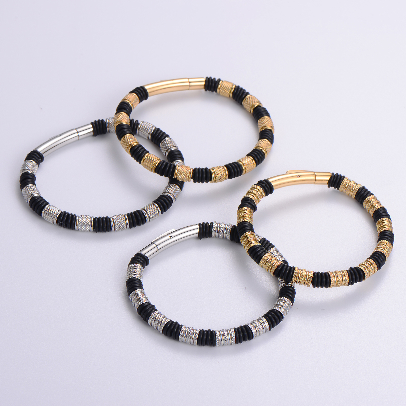 Men Bracelet 316L Stainless Steel Black Rubber Beads Knurled Industrial Style Fashion Bangle Male Jewelry