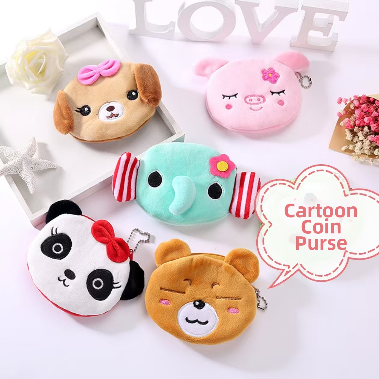 Cute Cartoon Animal Plush Coin Purse Soft Fabric Mini Wallet With Cotton Lining Metal Chain Zipper For Coins Keys Earphones Women Girls Gift