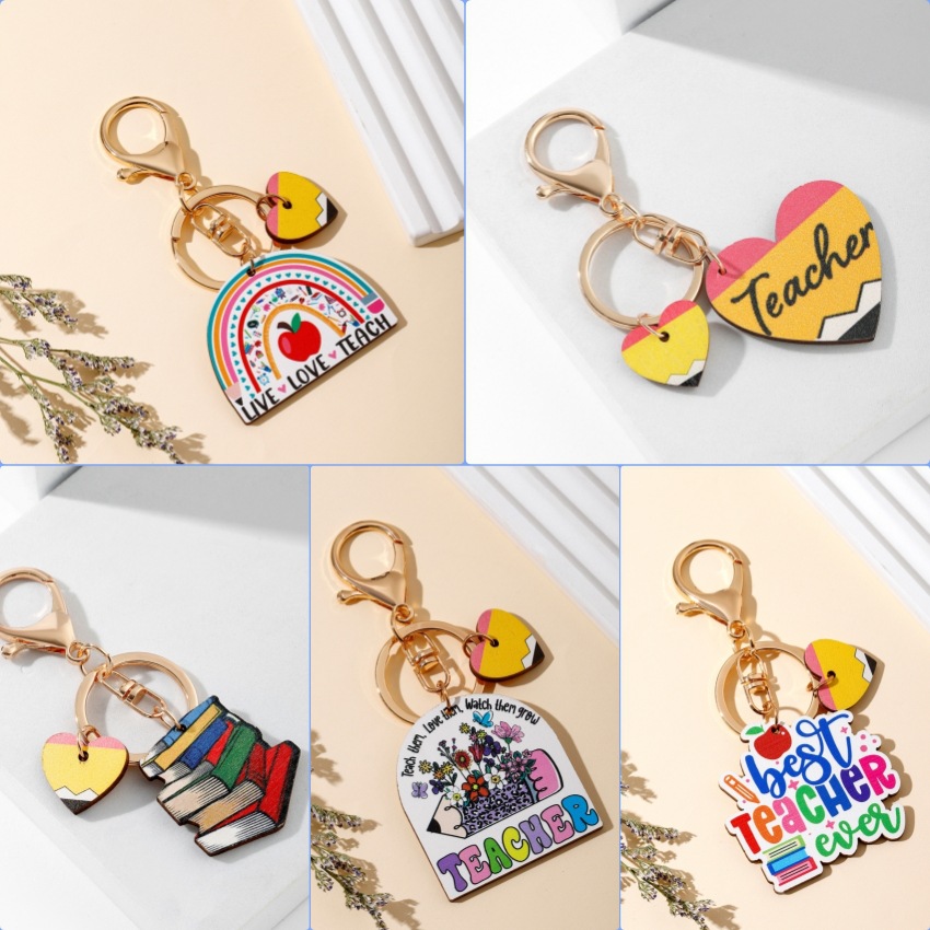 Teacher Appreciation Keychains Wooden Alloy Metal Pencil Rainbow Apple Book Design Creative Colorful Graduation Gift For Best Teacher Ever