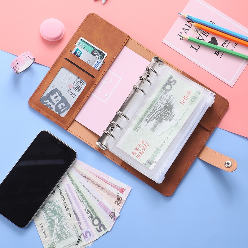 A6 A7 Macaron PU Leather Notebook Binder Refillable Budget Planner Money Organizer With 6-Ring Metal Binder And PVC Zipper Bags For School Office Savings Account Book