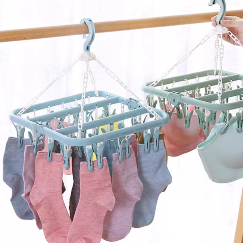 32-Clip Folding Drying Rack Windproof Plastic Hanger Multi-Clip Laundry Rack For Socks Underwear Baby Clothes Home Storage Organizer