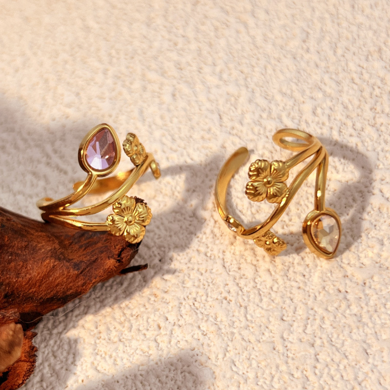 Vintage Gold Plated Stainless Steel Flower Open Ring With Waterdrop Zirconia Gemstone Adjustable Geometric Luxury Jewelry For Women Party Daily Wear