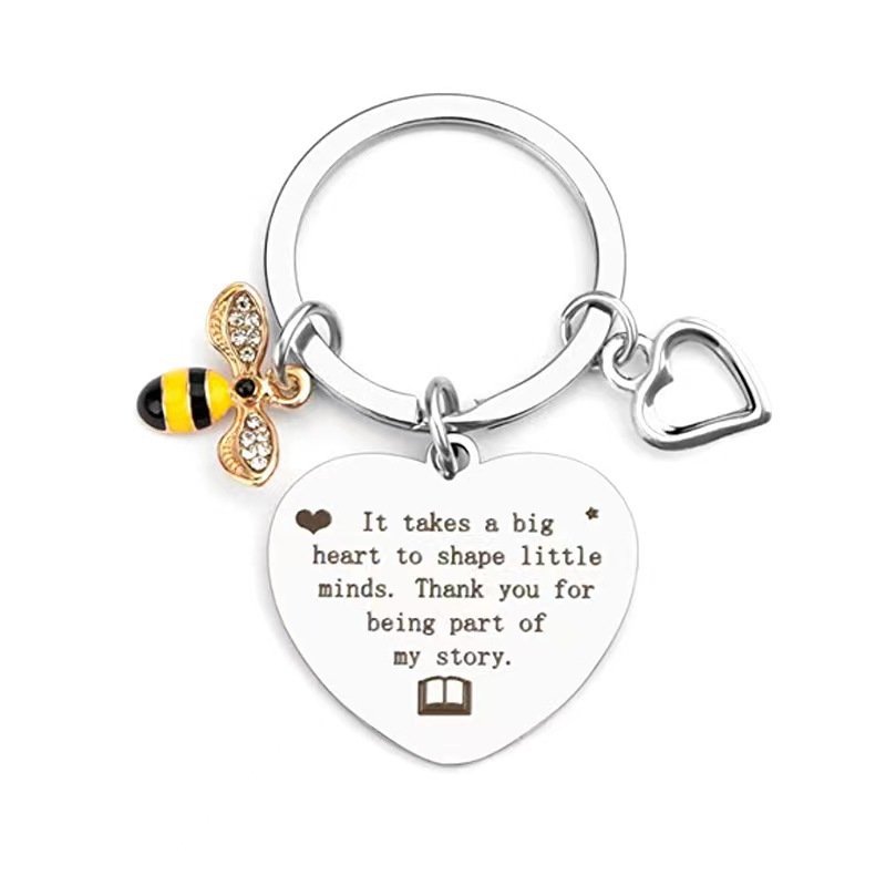 Teacher Appreciation Gift Stainless Steel Keychain Bee Heart Charm Rhinestone Engraved Inspirational Quotes Best Teacher Ever Graduation Year End Gift