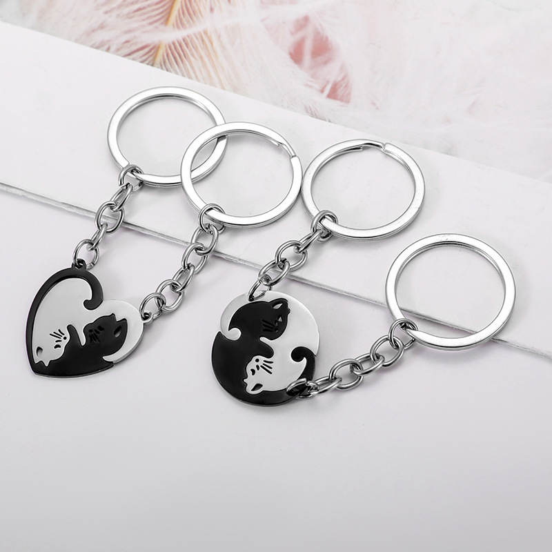Stainless Steel Matching Cat Couple Keychain Set Heart Puzzle Yin Yang Best Friend Pendant Keyring Gift For Lovers Friends Family