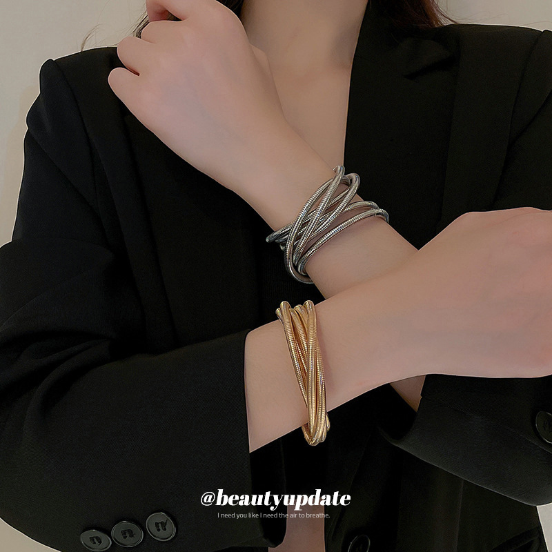 Modern Minimalist Stainless Steel Alloy Multi-layer Spiral Bangle Bracelet Snake Bone Texture Elastic Wrap Hand Jewelry For Women Daily Office Party