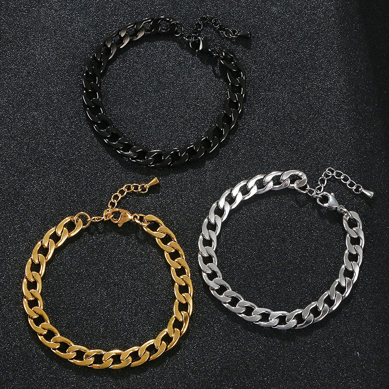 Fashion Stainless Steel Cuban Link Bracelet For Men Women Minimalist Thick Flat NK Chain Bracelet With Lobster Clasp Extension Chain Gold Silver Black Jewelry