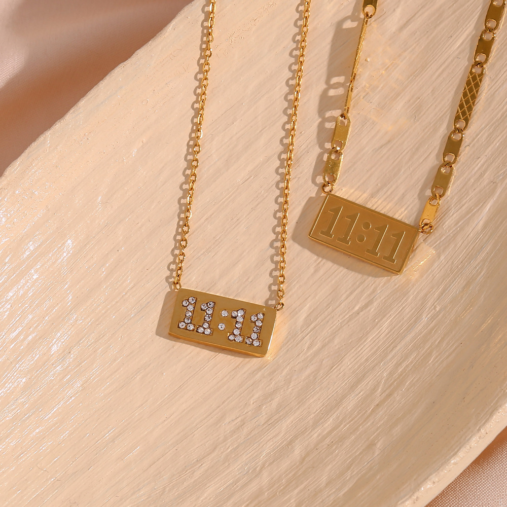 Minimalist 11:11 Angel Number Pendant Necklace Waterproof 18K Gold Plated Stainless Steel Rectangular Zirconia Lucky Number Necklace For Women Daily Wear Jewelry