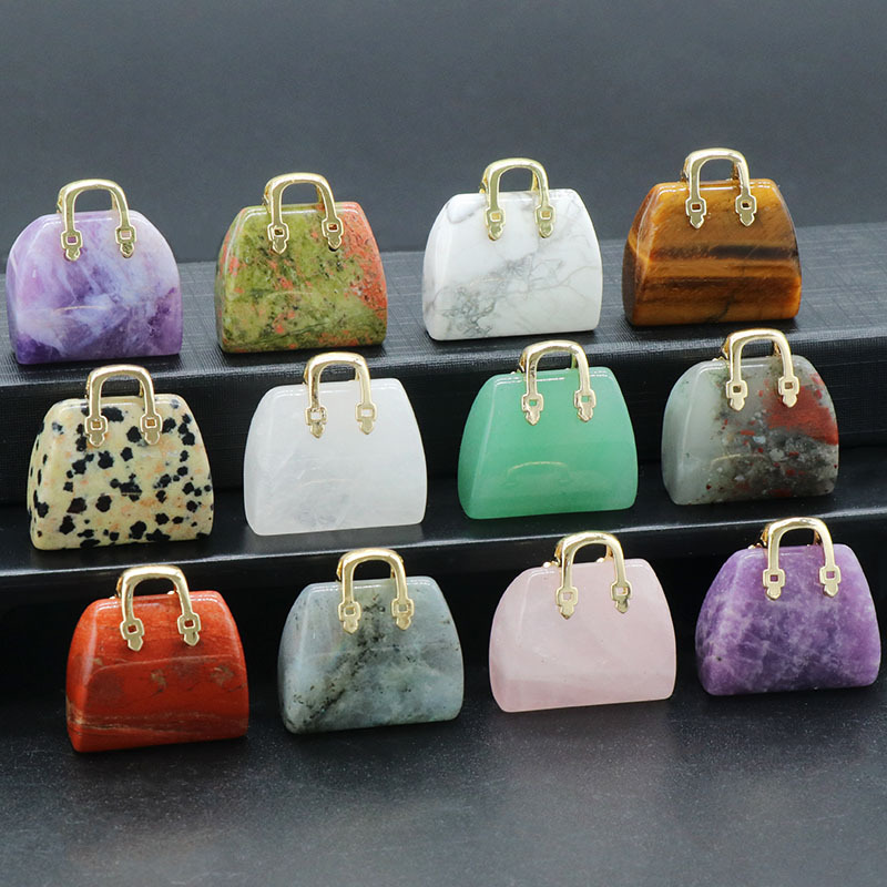 Natural Crystal Stone Mini Handbag Pendants Amethyst Rose Quartz Purse Charms With Gold Metal Handle For DIY Necklace Jewelry Making Creative Desk Decor Women Gift