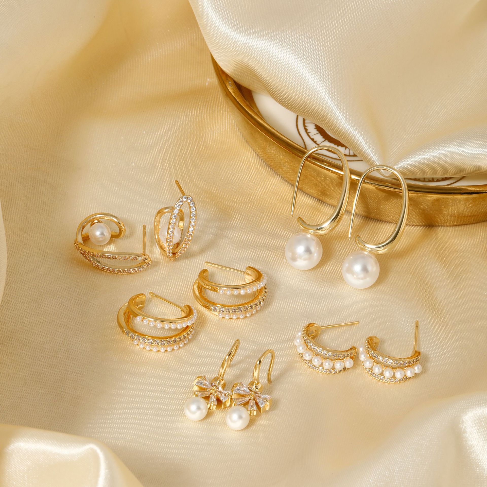 Elegant Copper Zircon Faux Pearl Earrings For Women French Style Trendy Jewelry Accessory