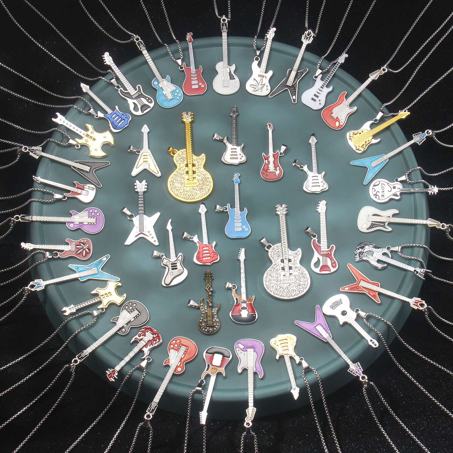 Guitar Pendant Necklace Stainless Steel Chain Alloy Enamel Rhinestone Rock Music Jewelry Note Jazz Bass Instrument Shape