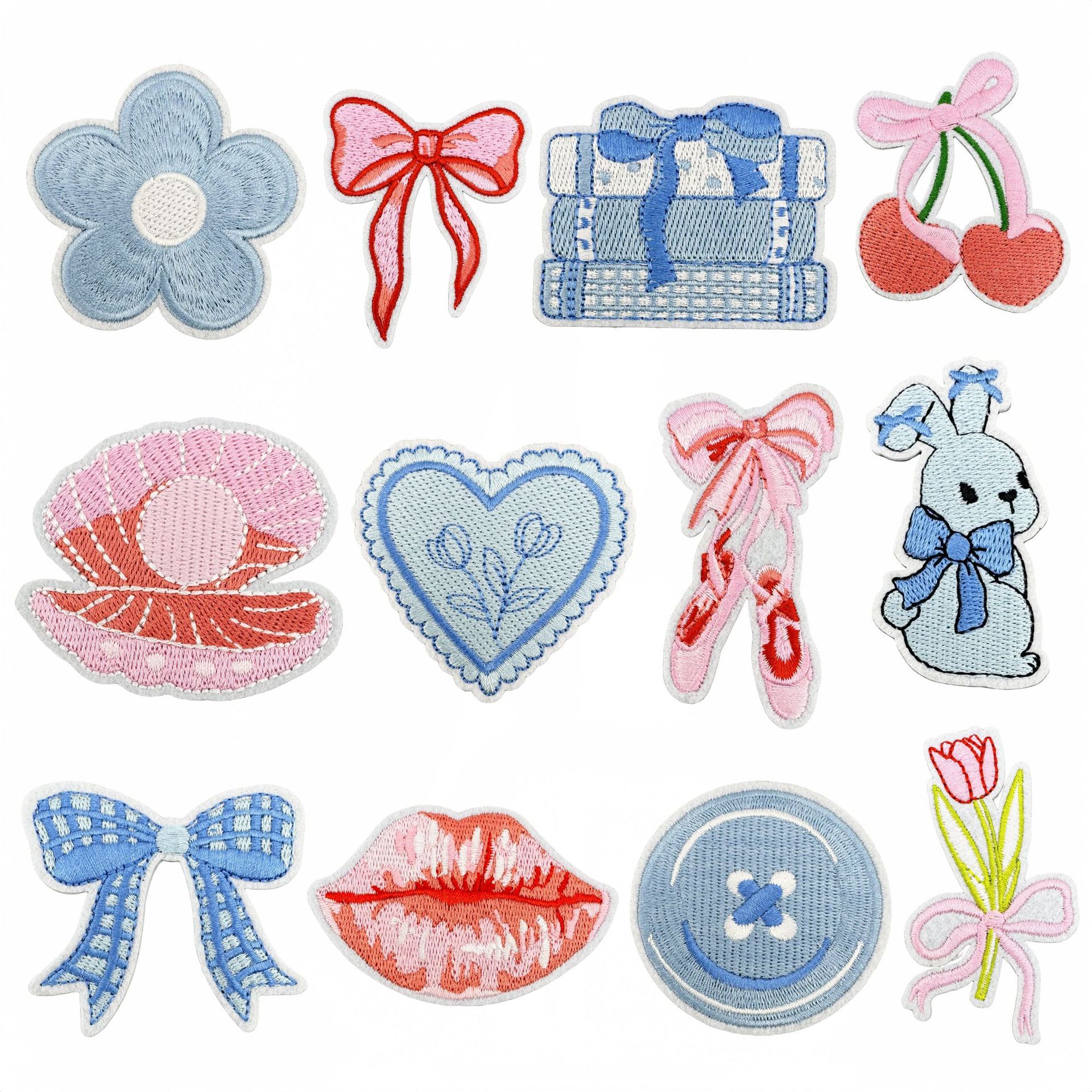 Cute Cartoon Embroidered Patches Blue Pink Series Polyester Fabric Iron On Patches For Clothing Jacket Backpack DIY Decoration Accessories For Kids Women 12Pcs Set