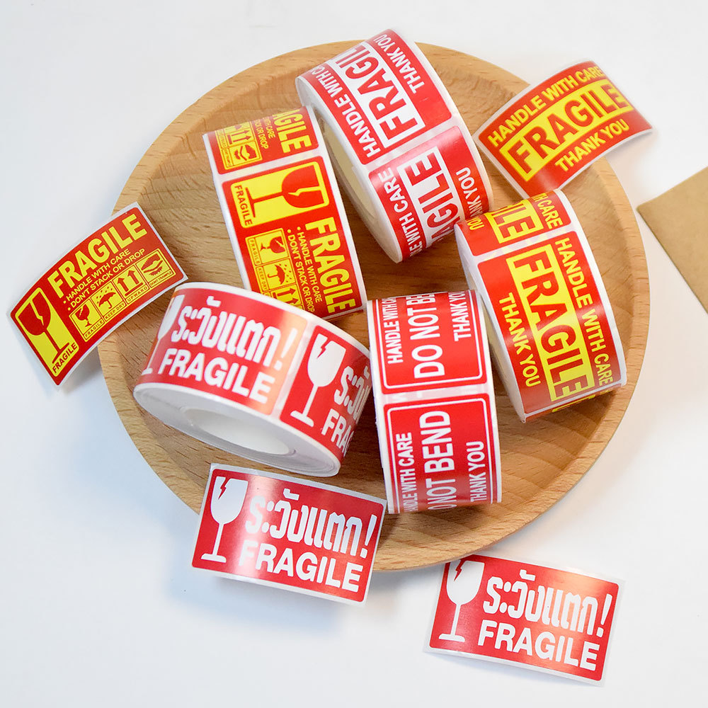 250Pcs Fragile Handle With Care Warning Label Stickers Self Adhesive Red Yellow Shipping Labels For Moving Packaging Mailing Fragile Items 45x25mm