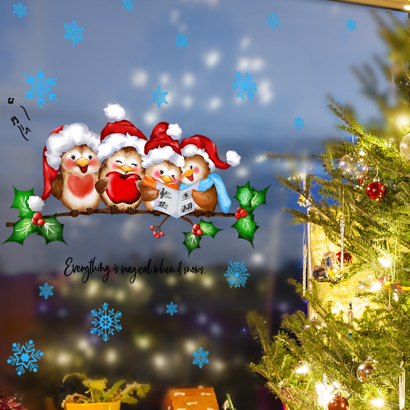 Christmas Cartoon Birds Window Sticker PVC Self-Adhesive Wall Decal Snowflakes Holly Branch For Glass Door Home Decor Festive Winter Theme Everything Is Magical When It Snows