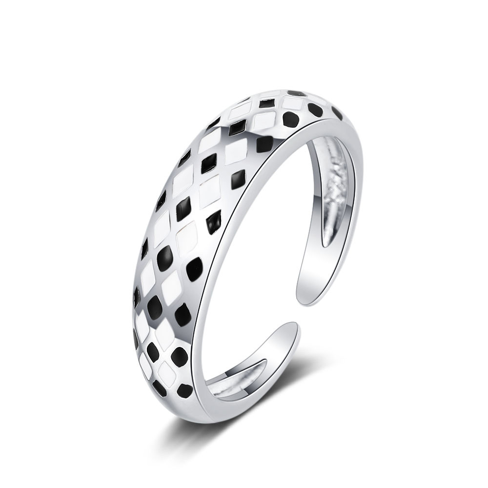 Chic Checkerboard Adjustable Opening Ring Black White Enamel Copper Minimalist Fashion Jewelry For Women