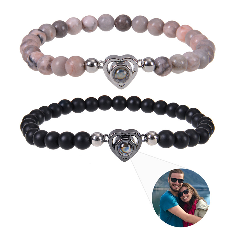 Personalized Custom Photo Projection Heart Bracelet Natural Stone Beaded Couple Bracelet Jewelry Gift For Lovers