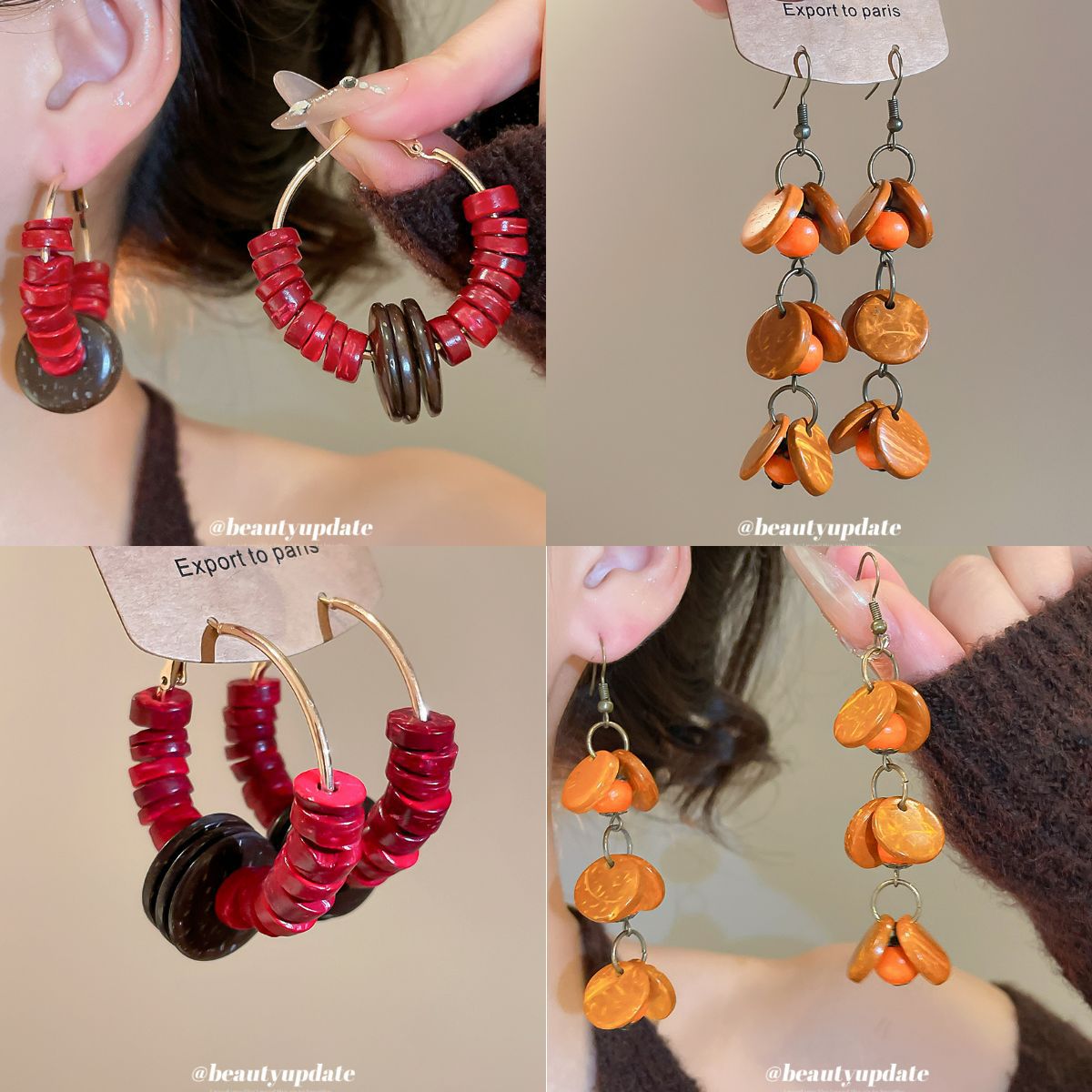 Bohemian Vintage Handmade Earrings S925 Silver Pin Coconut Shell Iron Large Hoop Earrings Layered Drop Dangle Earrings For Women Ethnic Jewelry Gift