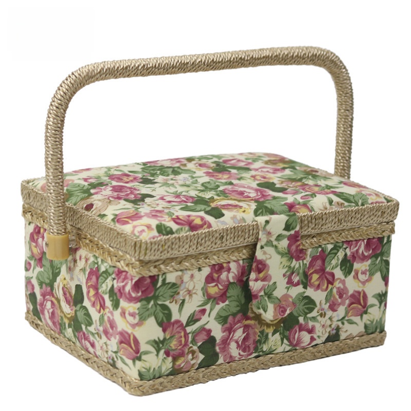 Pastoral Rose Floral Fabric Sewing Basket With Wooden Frame And Wicker Handle Large Capacity Handcraft Sewing Kit Storage Box Organizer For Needles Thread Scissors Tools
