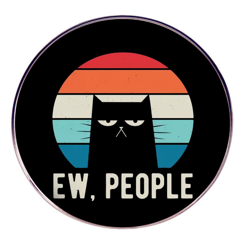 Funny Ew People Black Cat Enamel Pin Retro Sunset Stripe Zinc Alloy Brooch Round Badge For Clothing Backpacks Accessories Gift For Cat Lovers