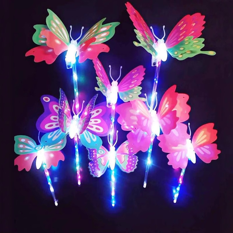 LED Glow Butterfly Fairy Wand Toy Colorful Light Up Star Heart Shape Magic Stick For Kids Birthday Party Concert Festival Night Market Decoration
