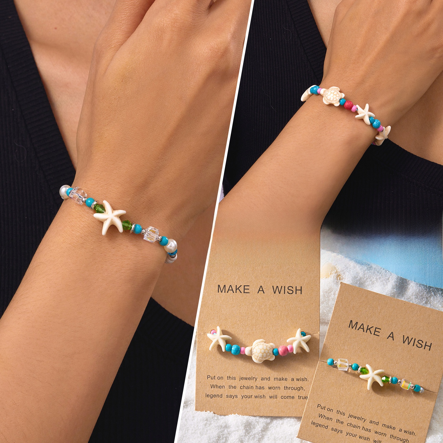 Bohemian Starfish Sea Turtle Beaded Bracelet Set For Women Handmade Adjustable Wax Rope Summer Beach Vacation Jewelry With Make A Wish Gift Card