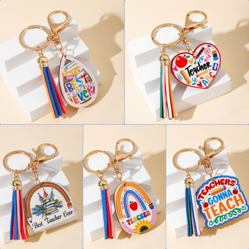 Teacher Appreciation Keychain Wooden Plaque Colored Tassel Gold Metal Best Teacher Ever Gift For School Graduation Thank You Rainbow Apple Design