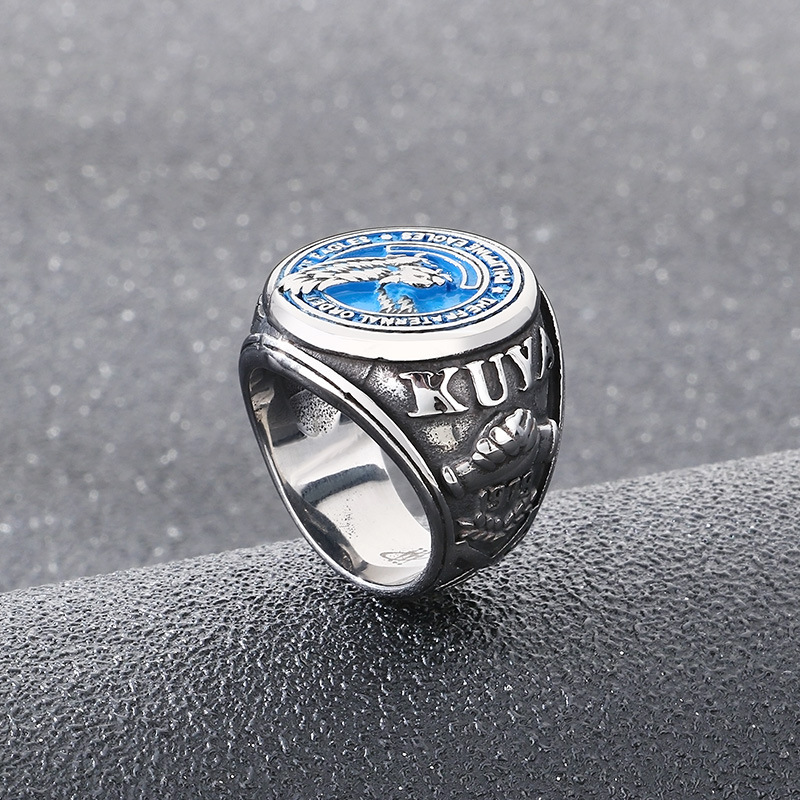 Fraternal Order Of Philippine Eagles TFOPE Signet Ring Stainless Steel Blue Enamel Eagle Logo KUYA 1979 Vintage Statement Ring For Men Jewelry Accessory
