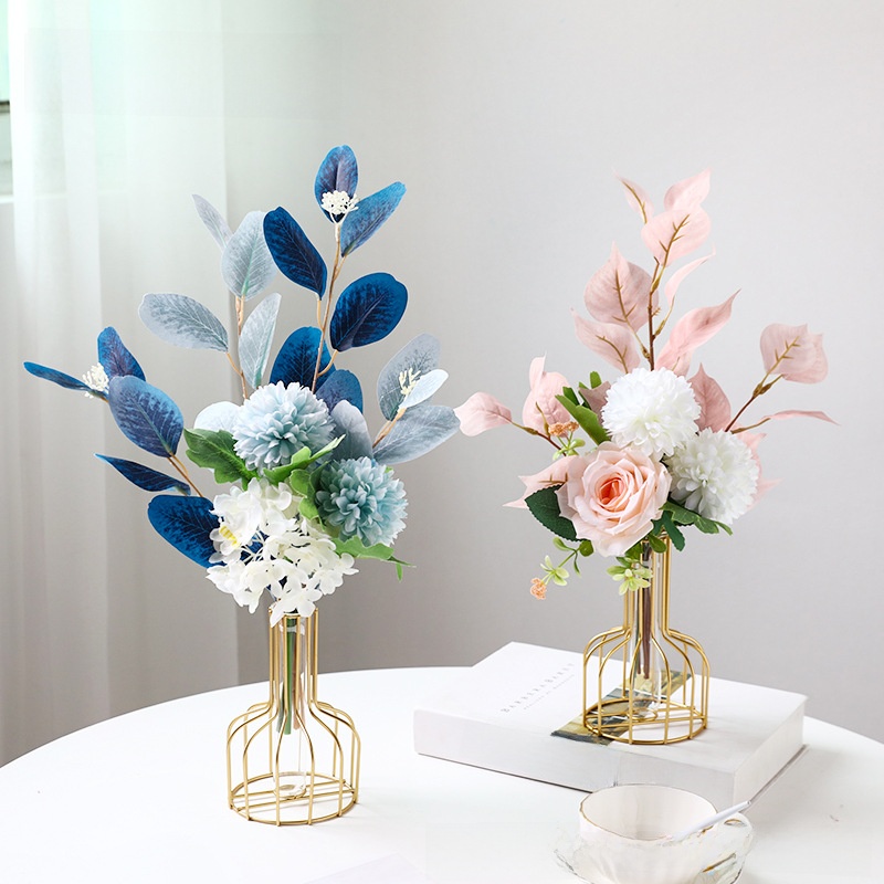 Nordic Artificial Silk Flower Arrangement With Gold Geometric Metal Iron Frame And Glass Test Tube Vase Set For Living Room Dining Table Home Decor