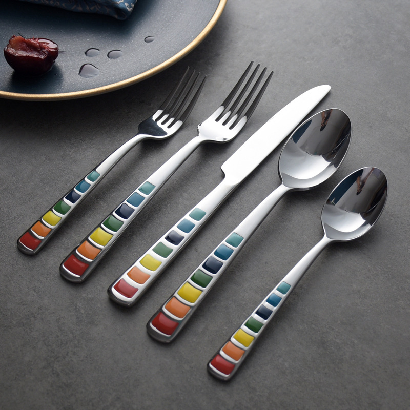 Rainbow Handle Stainless Steel Cutlery Set Colorful Mosaic Enamel Style Mirror Polished Western Dinnerware Service For Home Wedding Party Gift
