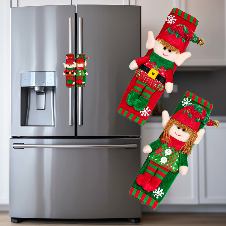 Christmas Refrigerator Handle Covers 2PCS Set Elf Theme Plush Fabric Protective Sleeve For Kitchen Fridge Oven Dishwasher Door Handle Holiday Decor