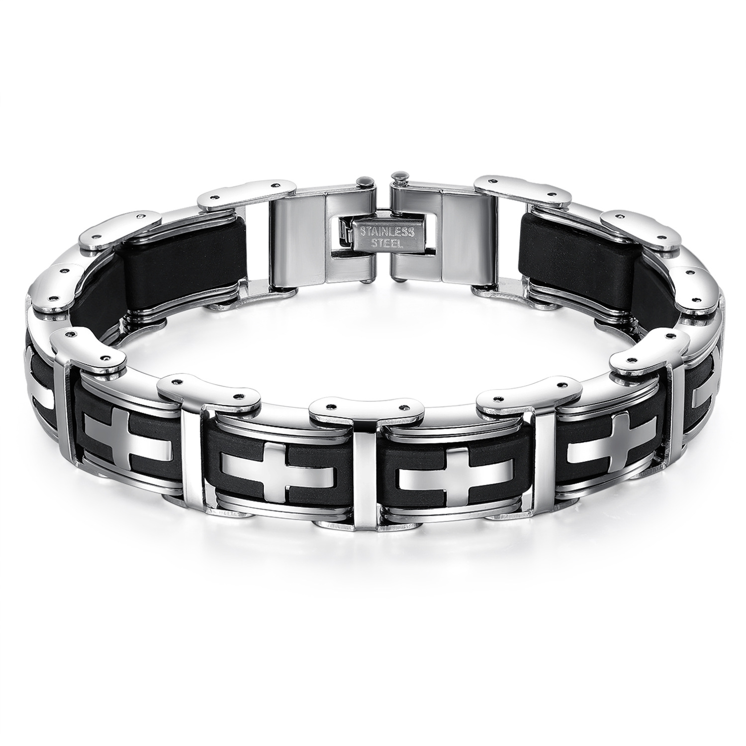 Men's Stainless Steel Cross Bracelet Black Silicone Link Chain Punk Gothic Fashion Wristband Jewelry Gift For Boyfriend Husband Father Friend