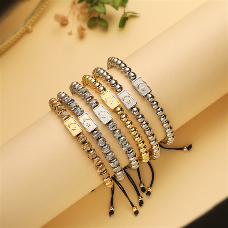 Men's Star Moon Beaded Bracelet Hand Woven Adjustable Rope Chain Stainless Steel Alloy Beads Square Charm Retro Punk Style Jewelry For Men Boys Daily Party Accessories