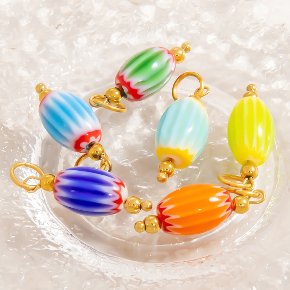 3PCS Stainless Steel Millefiori Glass Stripe Pendants Nepal Style Oval Beads Charms For DIY Necklace Jewelry Making Accessories Waterproof Hypoallergenic